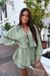 Haki Mini %100 Pamuk Bağlama Detaylı Kat Müslin Elbise