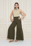 Haki Paçası Büzgü Detaylı Aerobin Kumaş Beli Lastikli Rahat Kesim Pantolon
