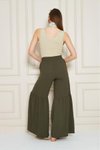 Haki Paçası Büzgü Detaylı Aerobin Kumaş Beli Lastikli Rahat Kesim Pantolon