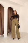 Haki Pileli Palazzo Kumaş Bol Paça Yüksek Bel Pantolon