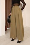 Haki Pileli Palazzo Kumaş Bol Paça Yüksek Bel Pantolon