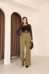 Haki Pileli Palazzo Kumaş Bol Paça Yüksek Bel Pantolon