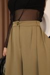 Haki Pileli Palazzo Kumaş Bol Paça Yüksek Bel Pantolon