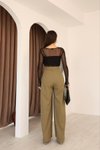 Haki Pileli Palazzo Kumaş Bol Paça Yüksek Bel Pantolon
