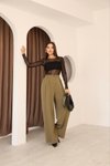 Haki Pileli Palazzo Kumaş Bol Paça Yüksek Bel Pantolon