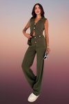 Haki Triko Yelek Pantolon İkili Örme Yelekli Geniş Paça Takım