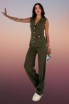Haki Triko Yelek Pantolon İkili Örme Yelekli Geniş Paça Takım