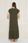 Haki Uzun Eteği Fırfırlı Kısa Kol Apolet Detaylı Salaş Rahat Elbise