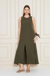 Haki Uzun Sıfır Kol Aerobin Kumaş A Kesim Yırtmaçlı Yazlık Elbise