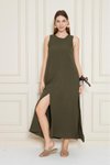 Haki Uzun Sıfır Kol Aerobin Kumaş A Kesim Yırtmaçlı Yazlık Elbise