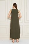 Haki Uzun Sıfır Kol Aerobin Kumaş A Kesim Yırtmaçlı Yazlık Elbise