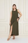 Haki Uzun Sıfır Kol Aerobin Kumaş A Kesim Yırtmaçlı Yazlık Elbise
