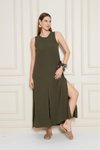 Haki Uzun Sıfır Kol Aerobin Kumaş A Kesim Yırtmaçlı Yazlık Elbise