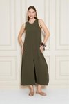 Haki Uzun Sıfır Kol Aerobin Kumaş A Kesim Yırtmaçlı Yazlık Elbise