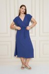 İndigo Midi Kruvaze Yaka Cepli Derin Yırtmaçlı Beli Lastikli Aerobin Yazlık Elbise