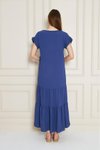 İndigo Uzun Mavi Eteği Fırfırlı Kısa Kol Apolet Detaylı Salaş Rahat Elbise