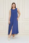 İndigo Uzun Sıfır Kol Aerobin Kumaş A Kesim Yırtmaçlı Yazlık Elbise