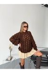 Kahve Ajurlu Triko Oversize Kazak