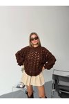 Kahve Ajurlu Triko Oversize Kazak