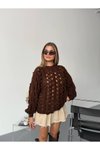 Kahve Ajurlu Triko Oversize Kazak