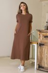 Kahve Midi Sıfır Yaka Kısa Kollu Elbise