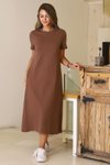 Kahve Midi Sıfır Yaka Kısa Kollu Elbise