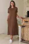 Kahve Midi Sıfır Yaka Kısa Kollu Elbise