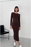 Brown Midi Modal Fabric Long Sleeve Side Slit Dress