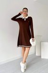 Kahverengi Midi Polo Yaka Uzun Kollu Modal Elbise