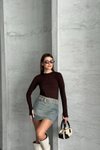 Kahverengi Modal Kumaş Taşlı Body