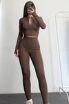 Kahverengi Parmak Geçmeli Fermuarlı Dalgıç Taytlı İkili Takım