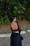 Kahverengi Sırt Dekolteli Basic Crop Bluz