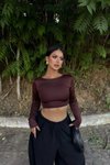 Kahverengi Sırt Dekolteli Basic Crop Bluz