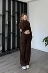 Kahverengi Ters Dikiş Crop İkili Pantolon Takım