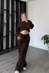 Kahverengi Ters Dikiş Crop İkili Pantolon Takım