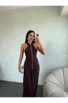 Kahverengi Uzun Gümüş Düğme Detaylı Elbise