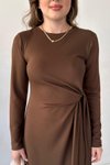 Kahverengi Uzun Kol Bağlama Detaylı Modal Elbise