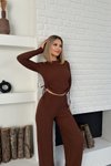 Kahverengi Yan Büzgülü Uzun Kollu Gofre İkili Takım