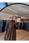 Kahverengi Yanları Bağlamalı Yelekli Süet Tesettür Elbise