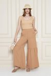 Karamel Paçası Büzgü Detaylı Aerobin Kumaş Beli Lastikli Rahat Kesim Pantolon