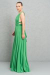 Kelly Green Uzun Askılı V Yaka Pileli Abiye Elbise