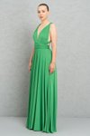 Kelly Green Uzun Askılı V Yaka Pileli Abiye Elbise