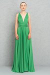 Kelly Green Uzun Askılı V Yaka Pileli Abiye Elbise