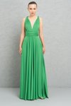 Kelly Green Uzun Askılı V Yaka Pileli Abiye Elbise