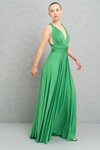 Kelly Green Uzun Askılı V Yaka Pileli Abiye Elbise