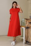Kırmızı Midi Sıfır Yaka Kısa Kollu Elbise