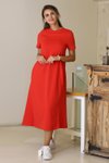 Kırmızı Midi Sıfır Yaka Kısa Kollu Elbise
