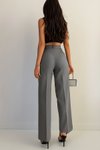 Koyu Gri Yüksek Bel Çımalı Fermuarlı Ve Düğmeli Krep Kumaş Pantolon