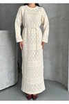 Krem Uzun Desenli Ful Astarlı Ajur Triko Elbise