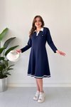 Lacivert Midi Polo Yaka Uzun Kollu Biyeli Modal Elbise
